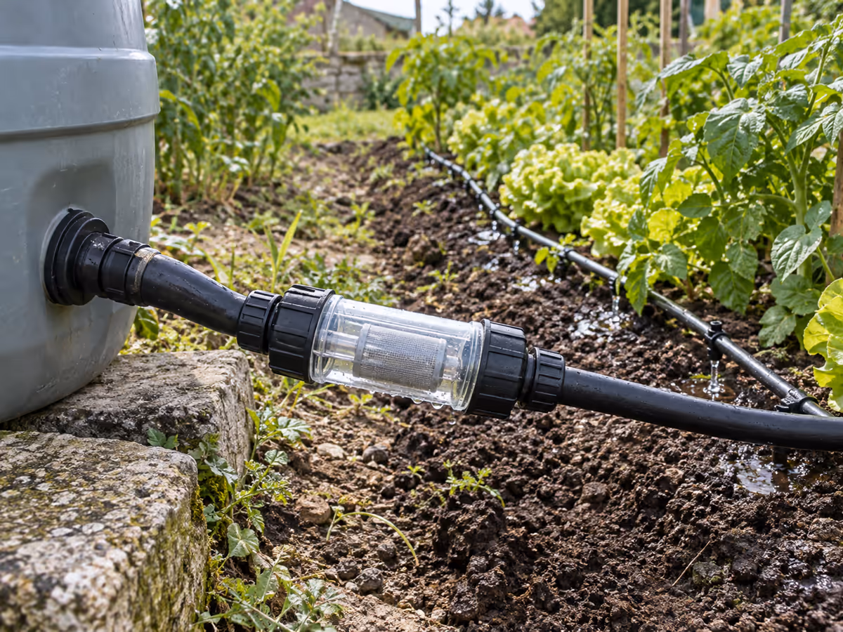 Filtre à tamis transparent monté sur un tuyau entre une cuve d'eau de pluie et des rampes de goutte à goutte au potager