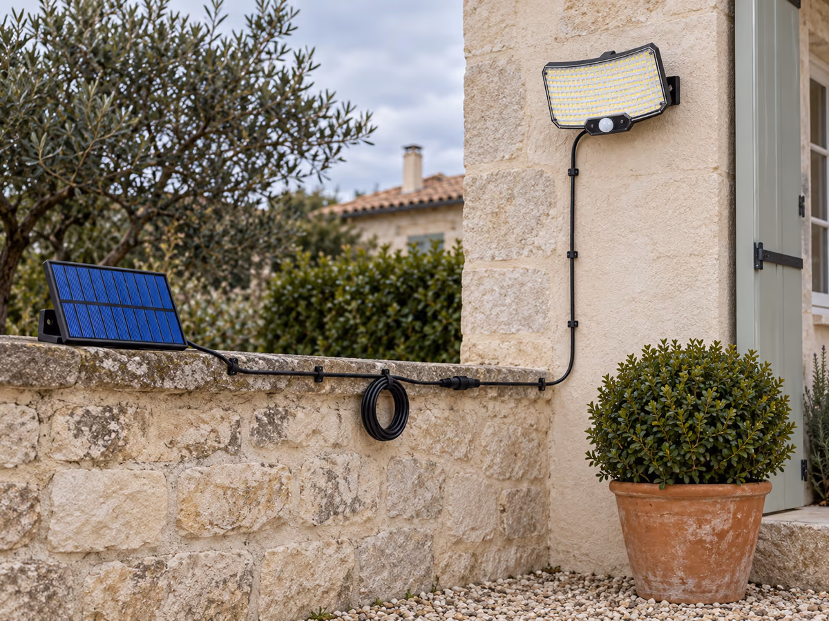 Câble noir plaqué le long d'un mur entre un petit panneau solaire et un projecteur mural