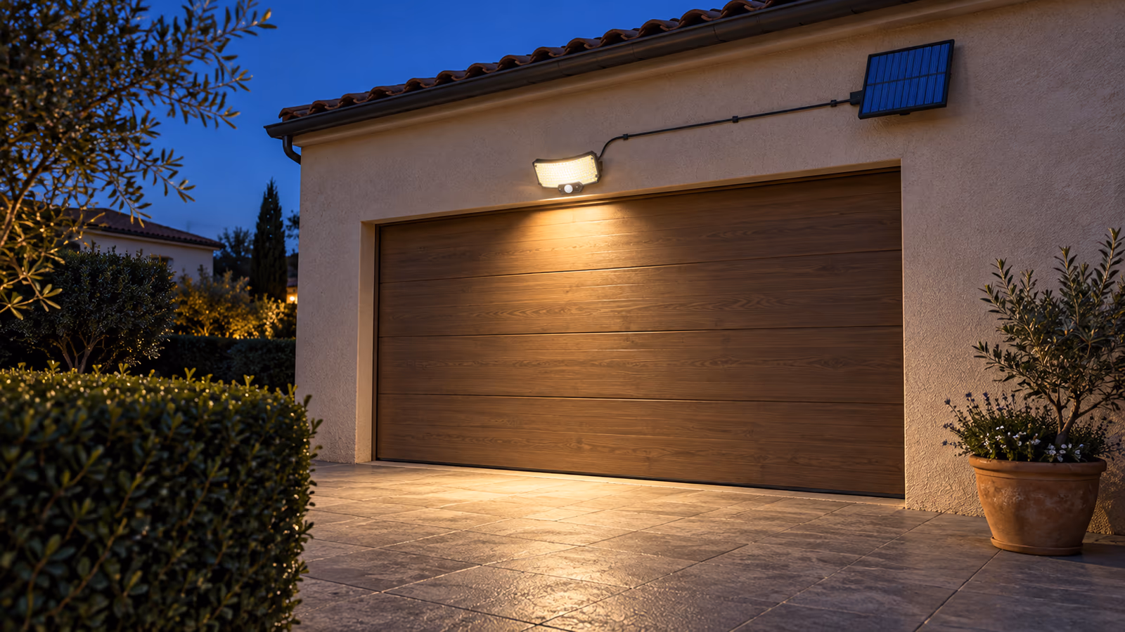 Cour pavée au crépuscule, projecteur solaire mural noir allumé au-dessus d'un garage, panneau fixé plus loin sur le mur