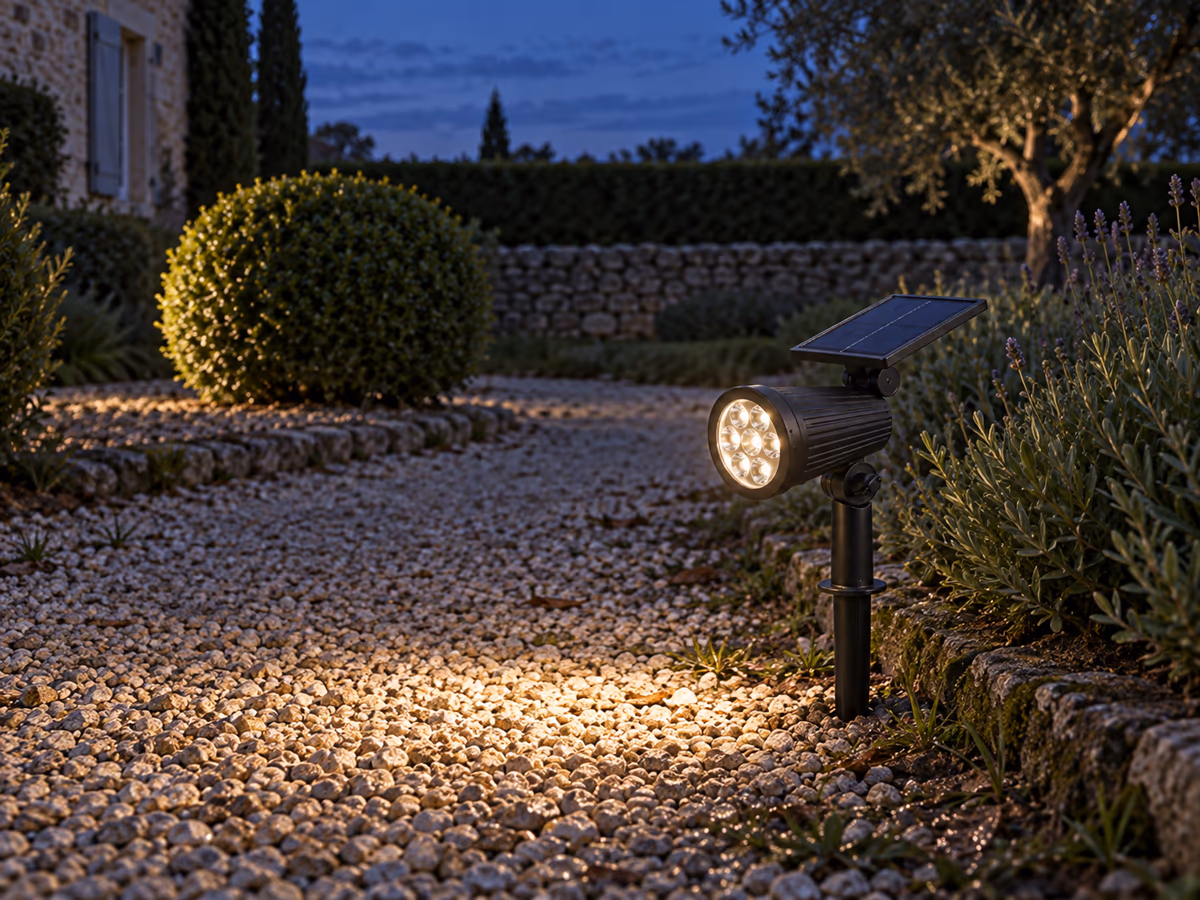 Au crépuscule, un projecteur solaire planté dans les graviers éclaire un buisson taillé, mur en pierre et haie en arrière-plan
