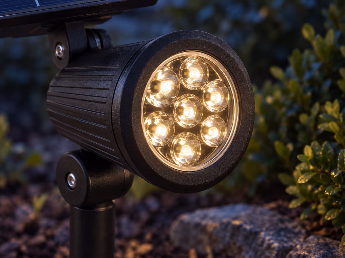Gros plan sur la tête d'un projecteur solaire : sept LED en couronne derrière une lentille à facettes, barillet nervuré et rotule vissée