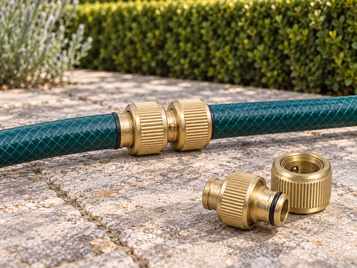 Raccord rapide en laiton à arrêt d'eau monté entre deux tuyaux d'arrosage verts de 19 mm, posé sur une terrasse