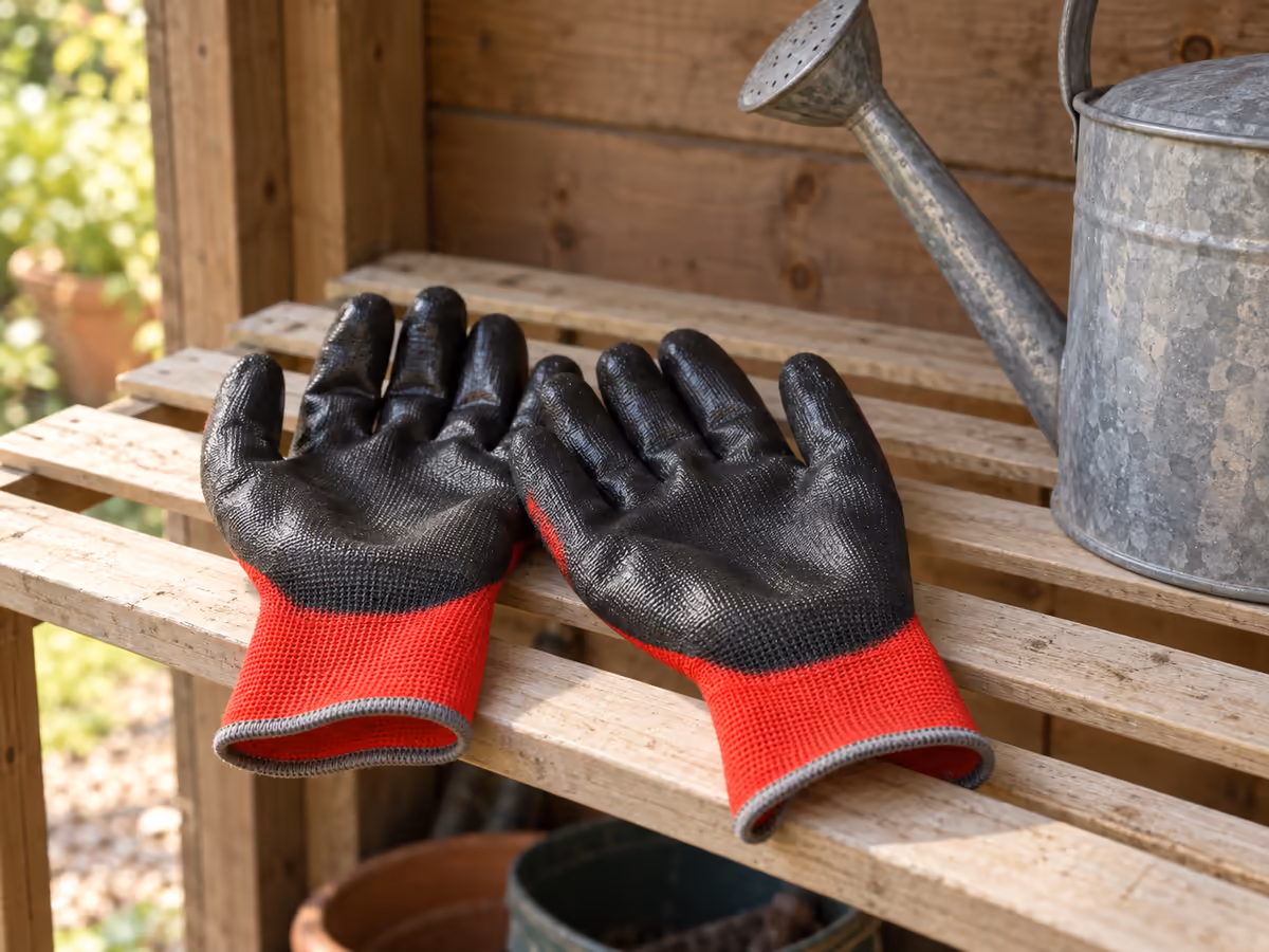 Paire de gants de jardinage à paume enduite posée à plat sur une grille en bois dans un abri, ouverture tournée vers le bas, à côté d'un arrosoir en zinc