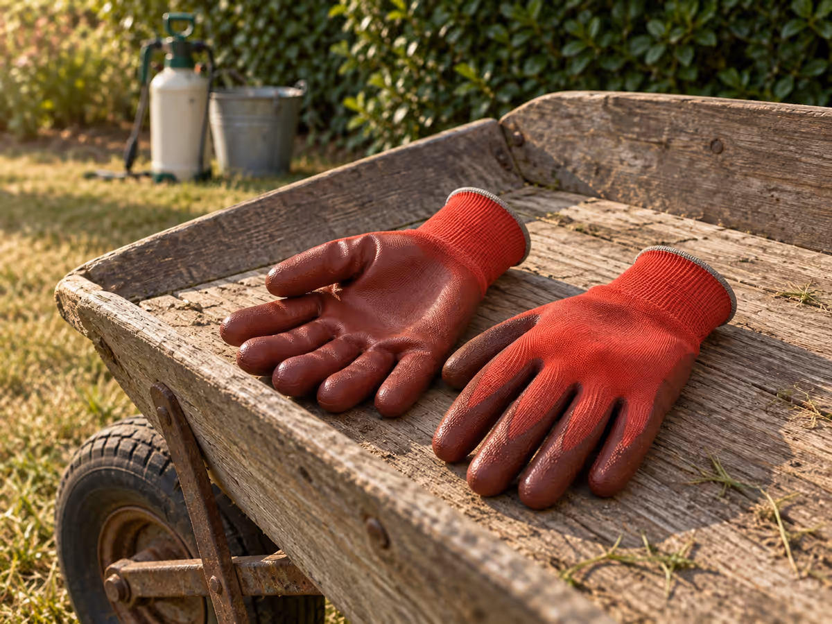 Gants de jardinage à paume enduite posés sur une brouette en bois, à quelques mètres d'un pulvérisateur et d'un seau au pied d'une haie, en fin d'été