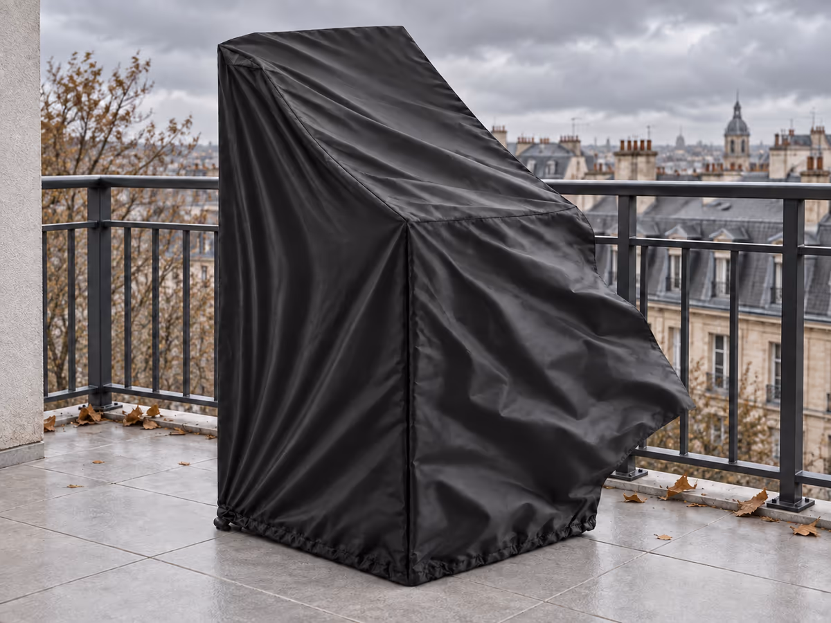 Housse de protection noire plaquée par le vent contre une pile de chaises de jardin sur un balcon d'étage