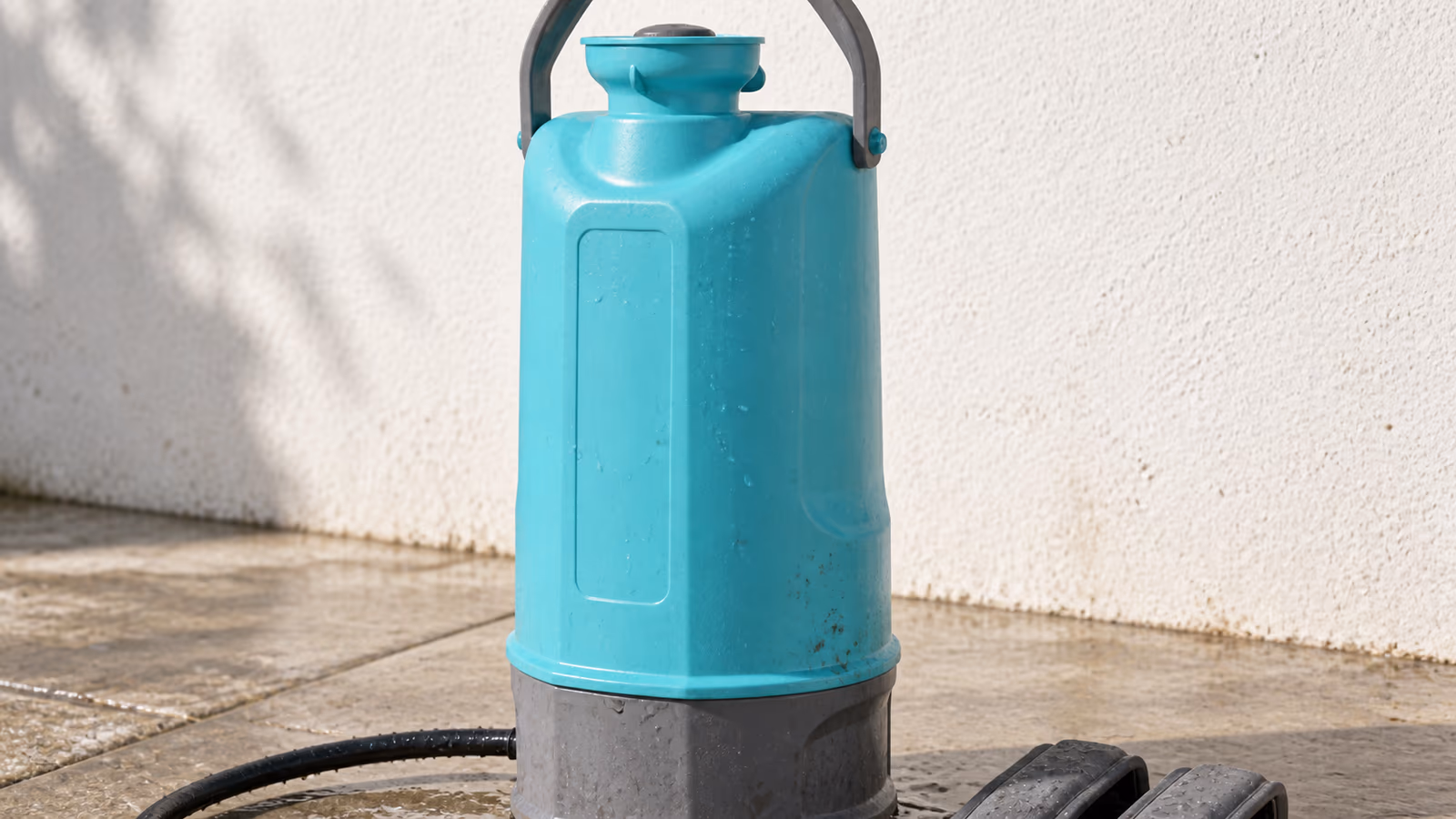 Pulvérisateur électrique 5L à dos Jarditips posé sur dalle pierre claire, lance télescopique aluminium déployée