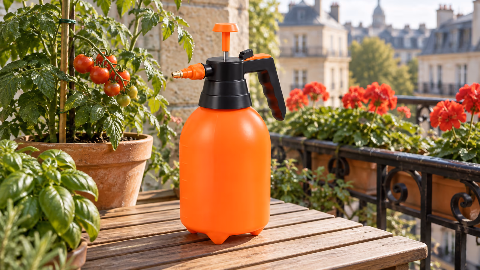 Pulvérisateur manuel orange de 2 L posé sur une table de balcon, pots de tomates et jardinière de géraniums derrière