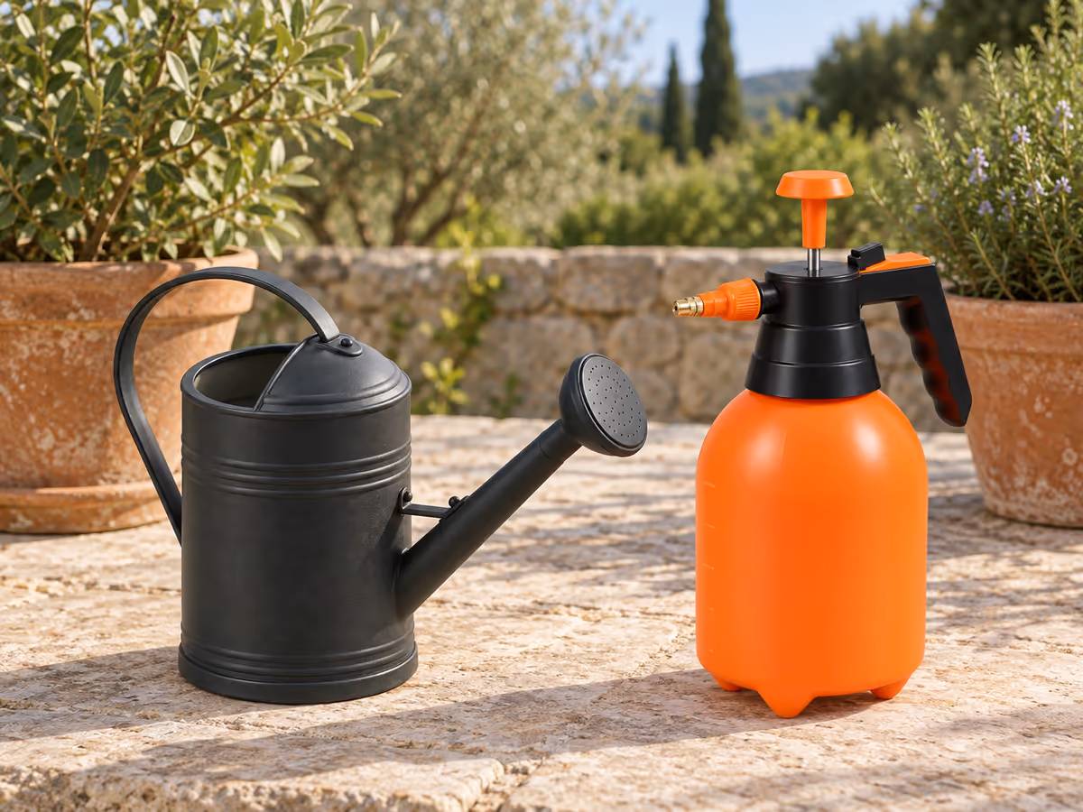 Arrosoir à bec long et pulvérisateur manuel orange posés côte à côte sur une dalle de terrasse, deux pots de plantes derrière