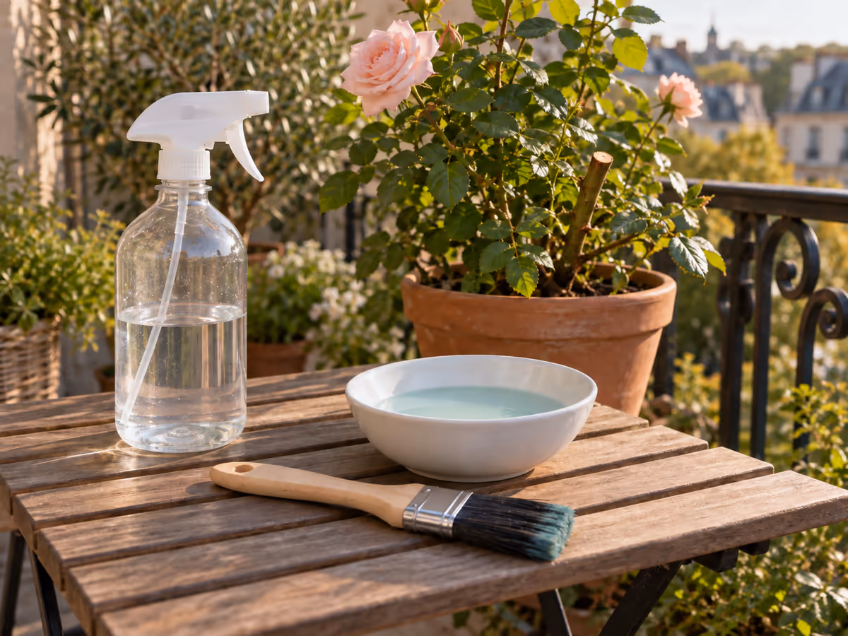 Bouteille à gâchette et pinceau plat posés sur une table de balcon, à côté d'un pot de rosier et d'un bol de bouillie