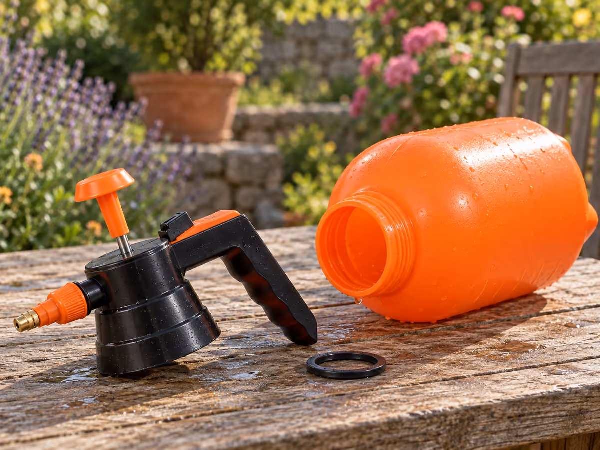 Bouchon à pompe et joint d'un pulvérisateur orange déposés sur une table de jardin à côté du réservoir ouvert rincé, lumière douce du matin