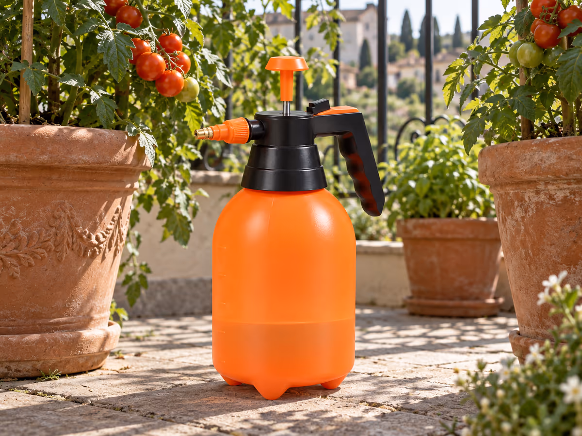 Pulvérisateur orange posé au sol entre des pots de tomates sur un balcon, niveau de liquide arrêté au repère 500 mL des graduations du réservoir