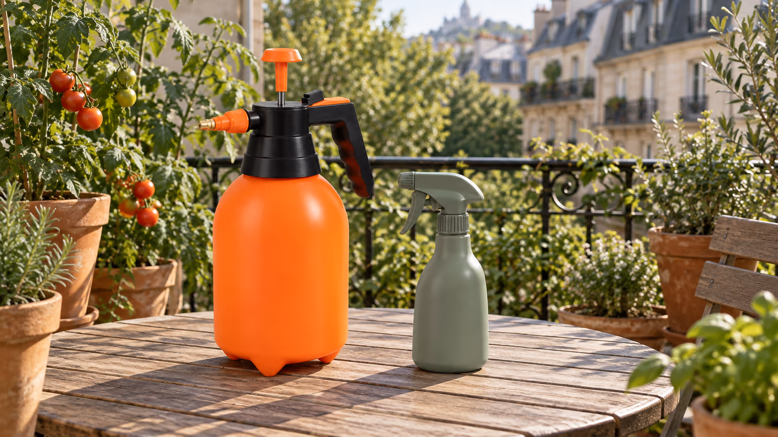 Pulvérisateur orange de 2 L à pression préalable et petit flacon à gâchette côte à côte sur une table de balcon en bois