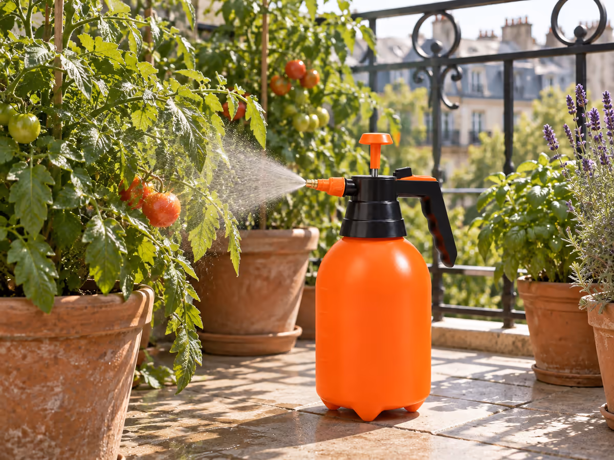 Brume fine sortie d'un pulvérisateur orange de 2 L au-dessus de plants de tomates en pot sur un balcon