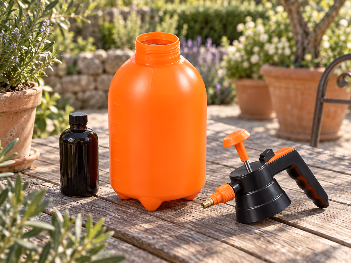 Réservoir orange de pulvérisateur rempli au repère de graduation, posé sur une table de jardin avec un flacon de savon noir