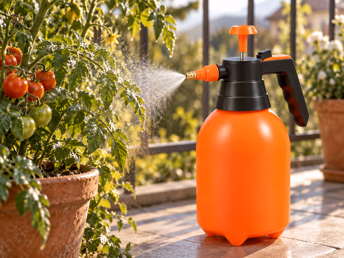 Buse d'un pulvérisateur tenue à vingt centimètres d'un pied de tomate en pot, jet dirigé sous les feuilles au matin