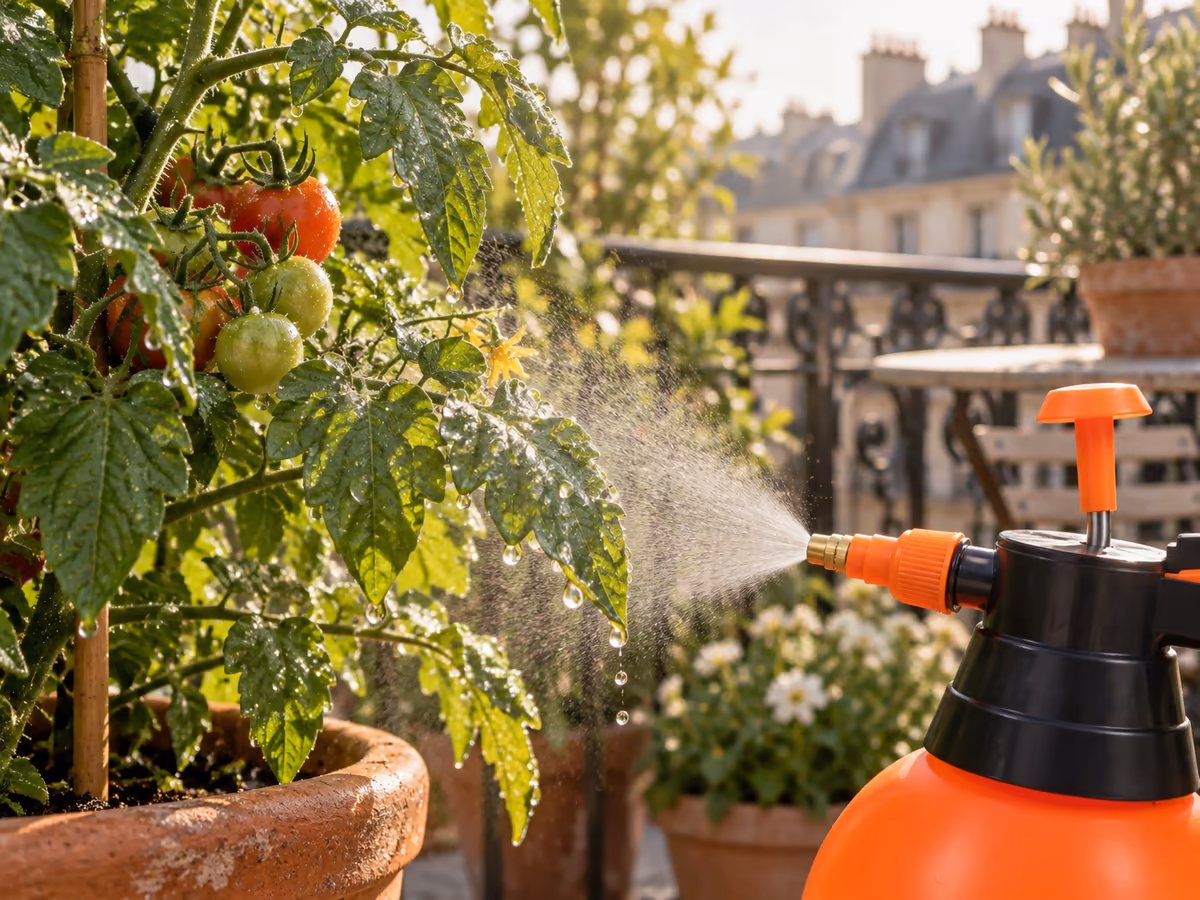 Brume fine pulvérisée sur les feuilles d'un plant de tomate en pot jusqu'au début du ruissellement