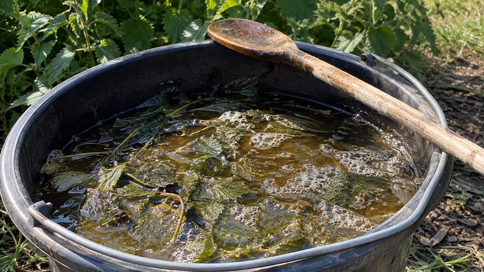 Seau de purin d'ortie en fermentation, feuilles d'orties immergées et bulles en surface, entouré de touffes d'orties au soleil