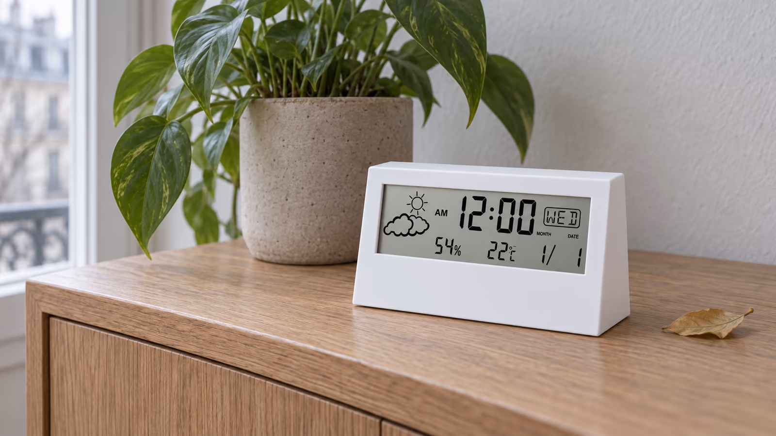 Bandeau à écran translucide posé sur une console en bois clair, feuilles de plante verte derrière l'écran, lumière grise d'un matin d'hiver