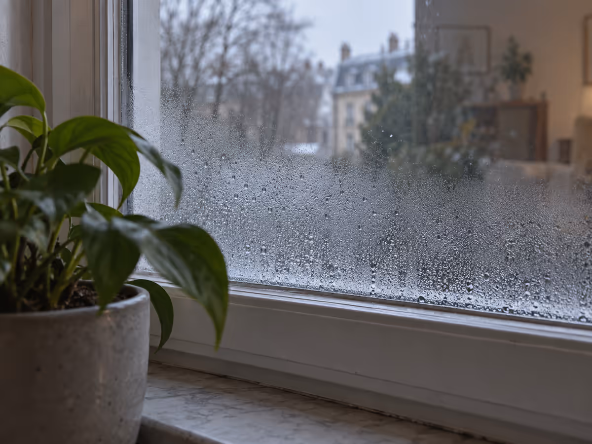 Bas d'une fenêtre d'intérieur couvert de buée en hiver, pot de plante verte au premier plan, pièce chauffée visible en reflet