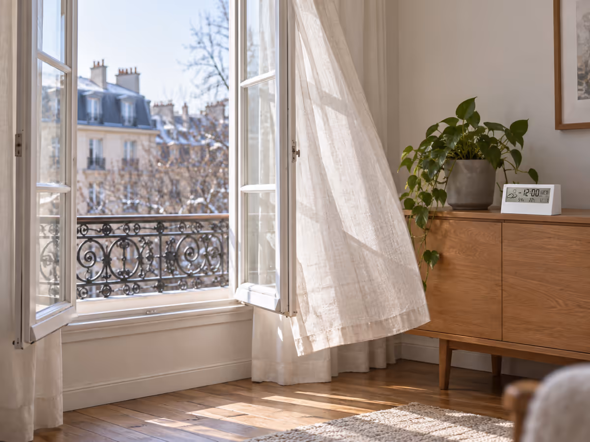 Fenêtre d'intérieur ouverte en grand un après-midi d'hiver, rideau léger soulevé par le courant d'air, plante verte et bandeau translucide sur un meuble au second plan