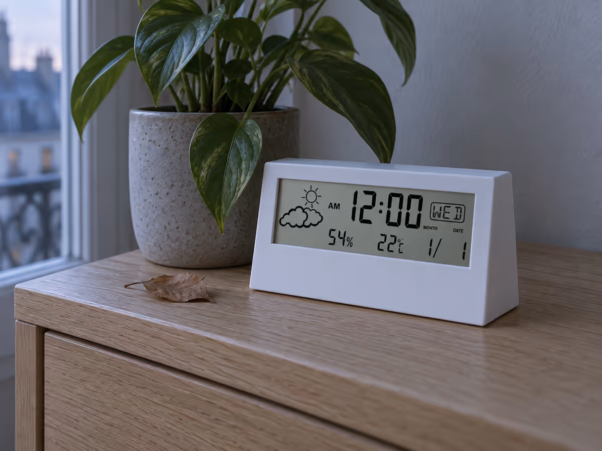 Bandeau translucide posé sur une commode devant une plante en pot, écran affichant l'heure et deux mesures dans la lumière bleutée d'un petit matin d'hiver