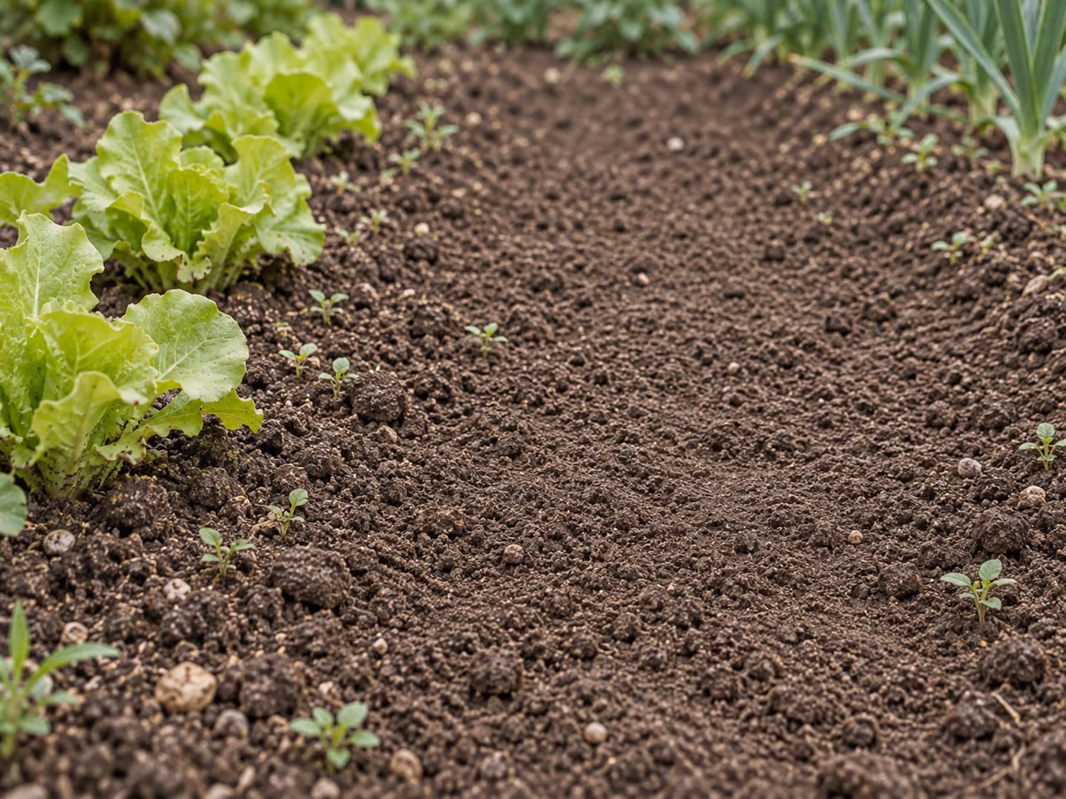 Inter-rang d'un potager au printemps avec une terre fine et ressuyée et de jeunes plants de salade