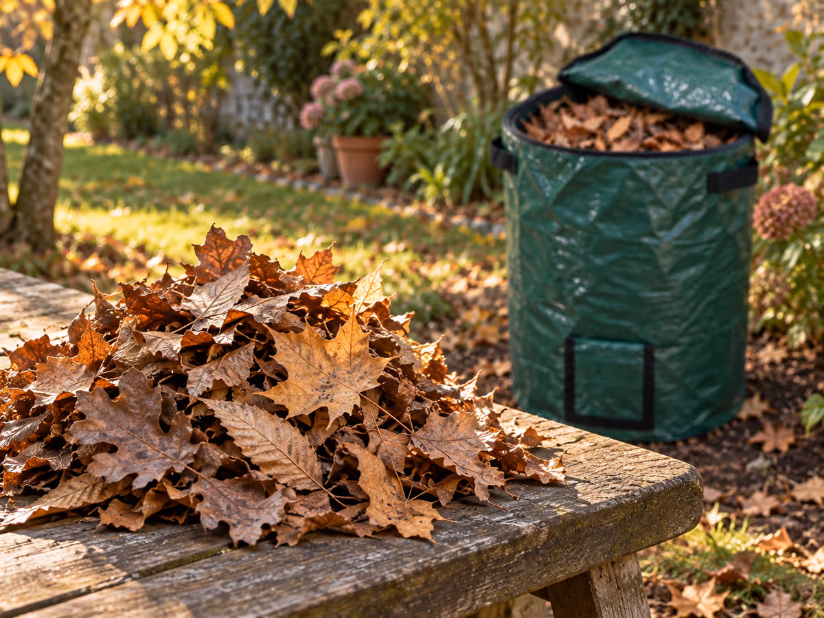 Poignée de feuilles mortes brunes prêtes à être intégrées au compost