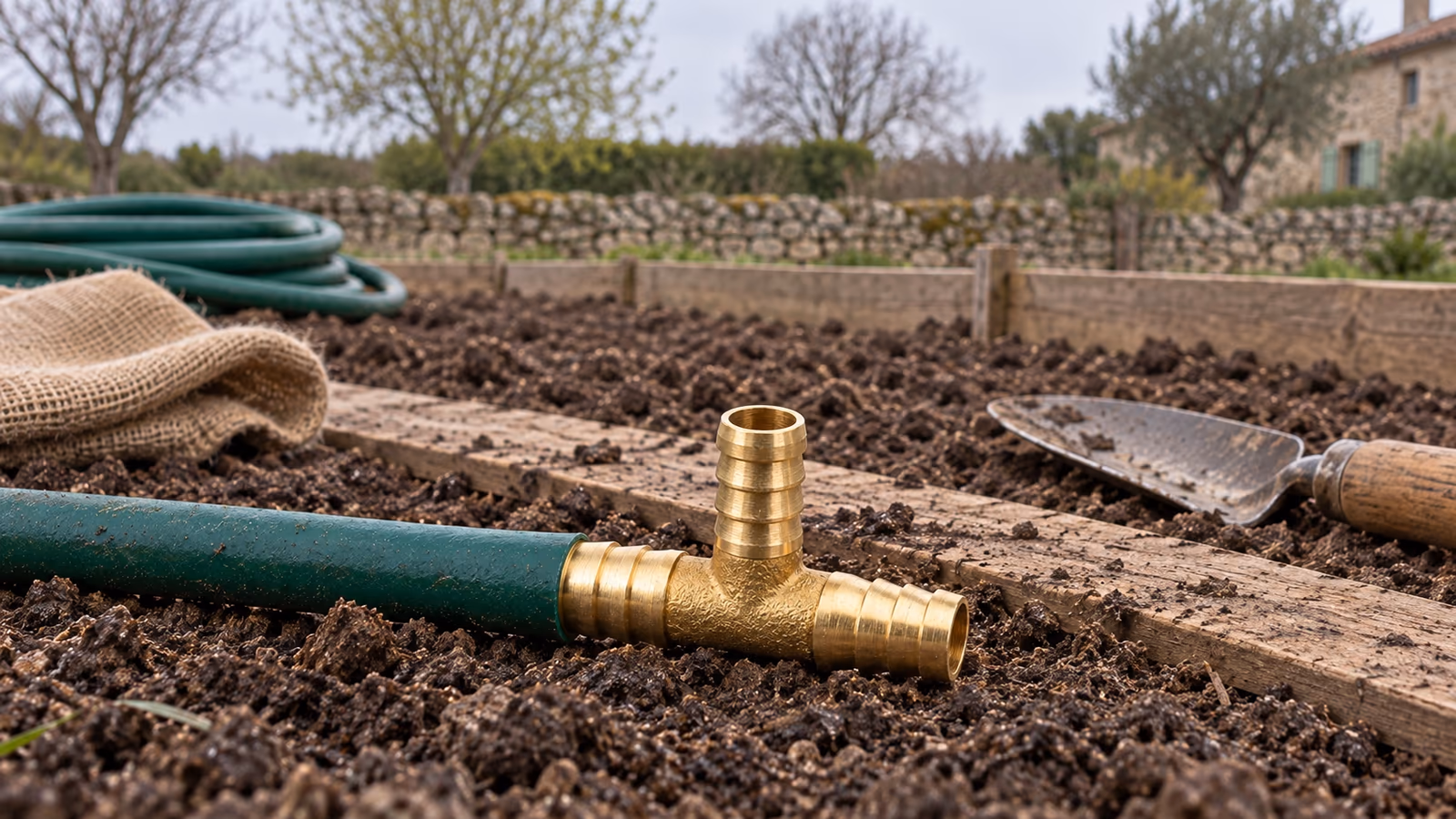 Tuyau d'arrosage posé au sol au printemps entre deux rangs de potager fraîchement préparés, raccord en T laiton au premier plan