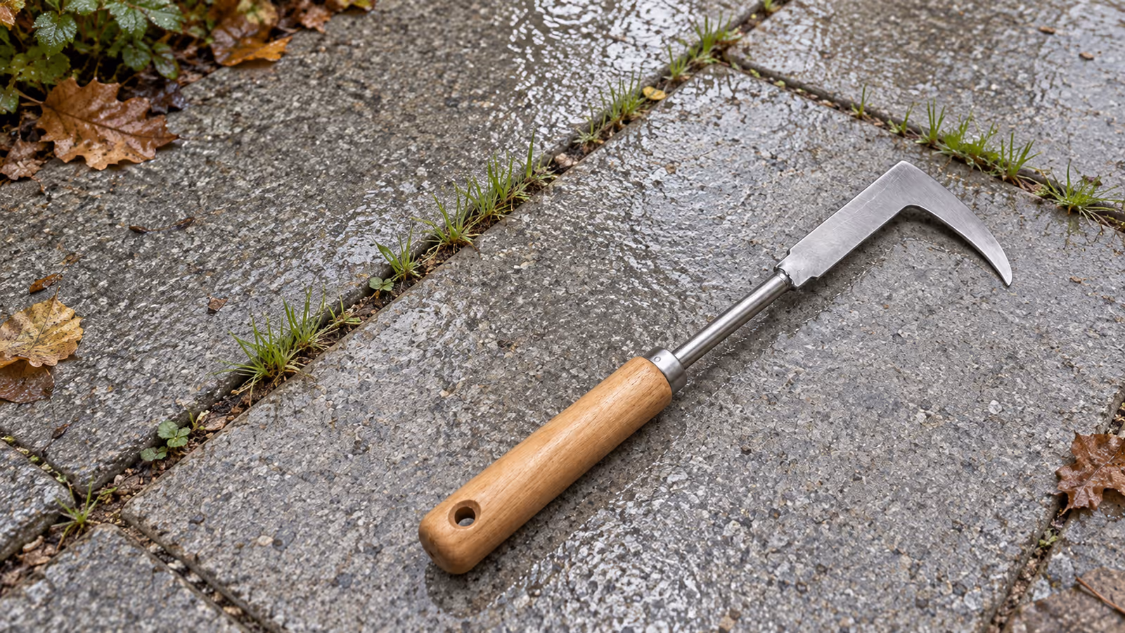 Joints d'une terrasse dallée mouillés par la pluie, avec de jeunes touffes d'herbe entre les dalles