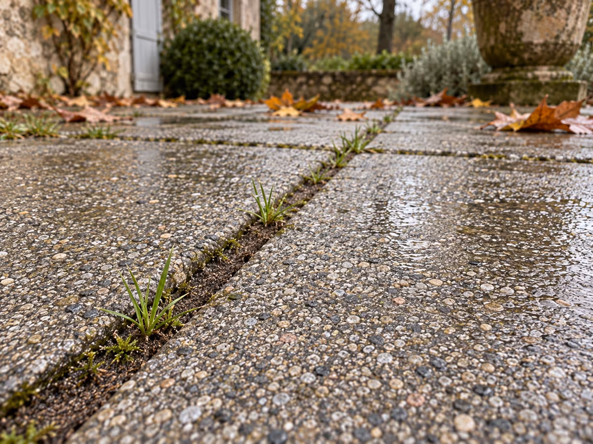 Terrasse dallée à joints de sable après une pluie d'automne, avec de jeunes touffes d'herbe vert clair entre les dalles