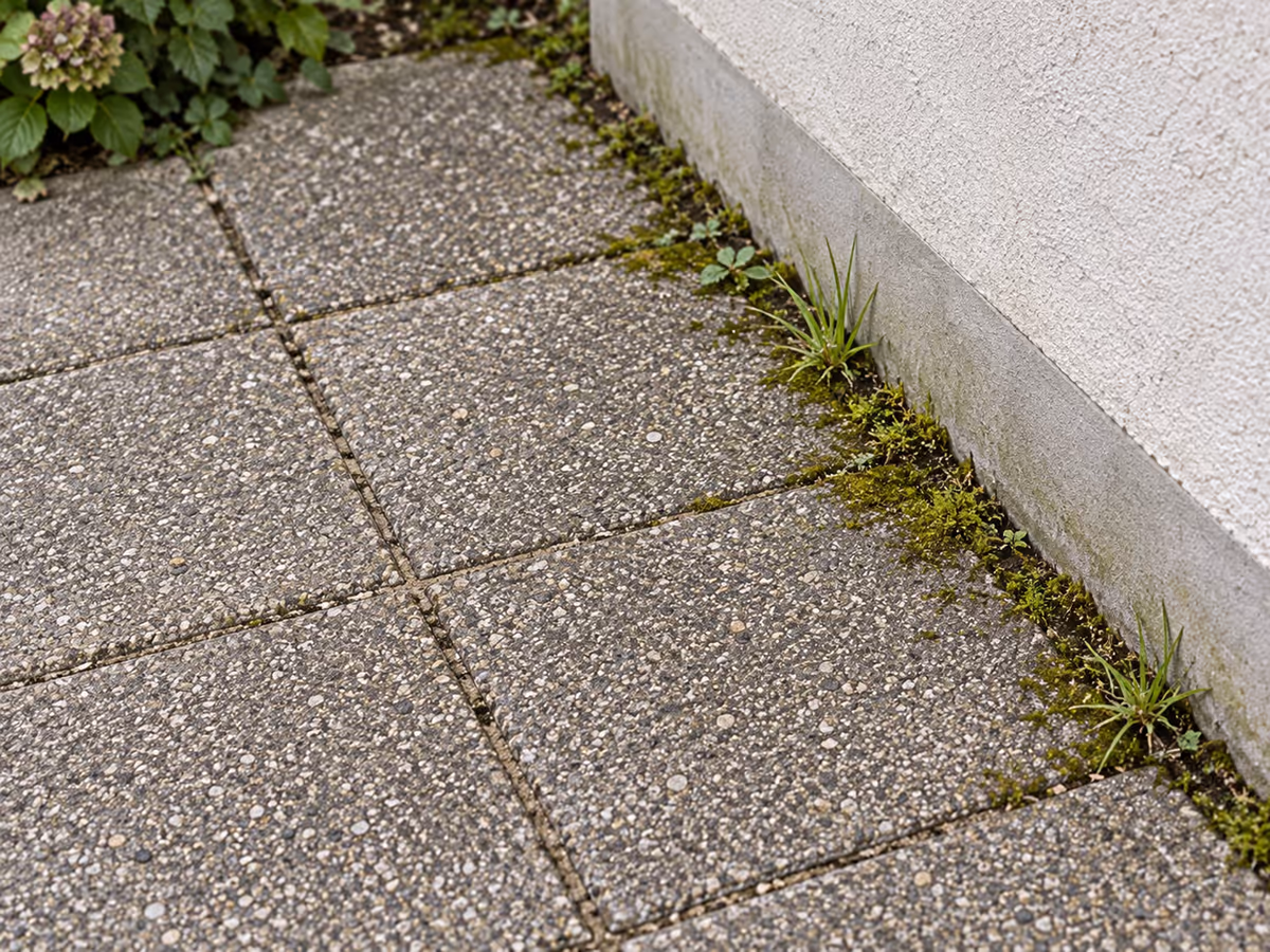 Joints d'une terrasse dallée à l'ombre d'un mur, colonisés par une mousse verte et quelques touffes d'herbe