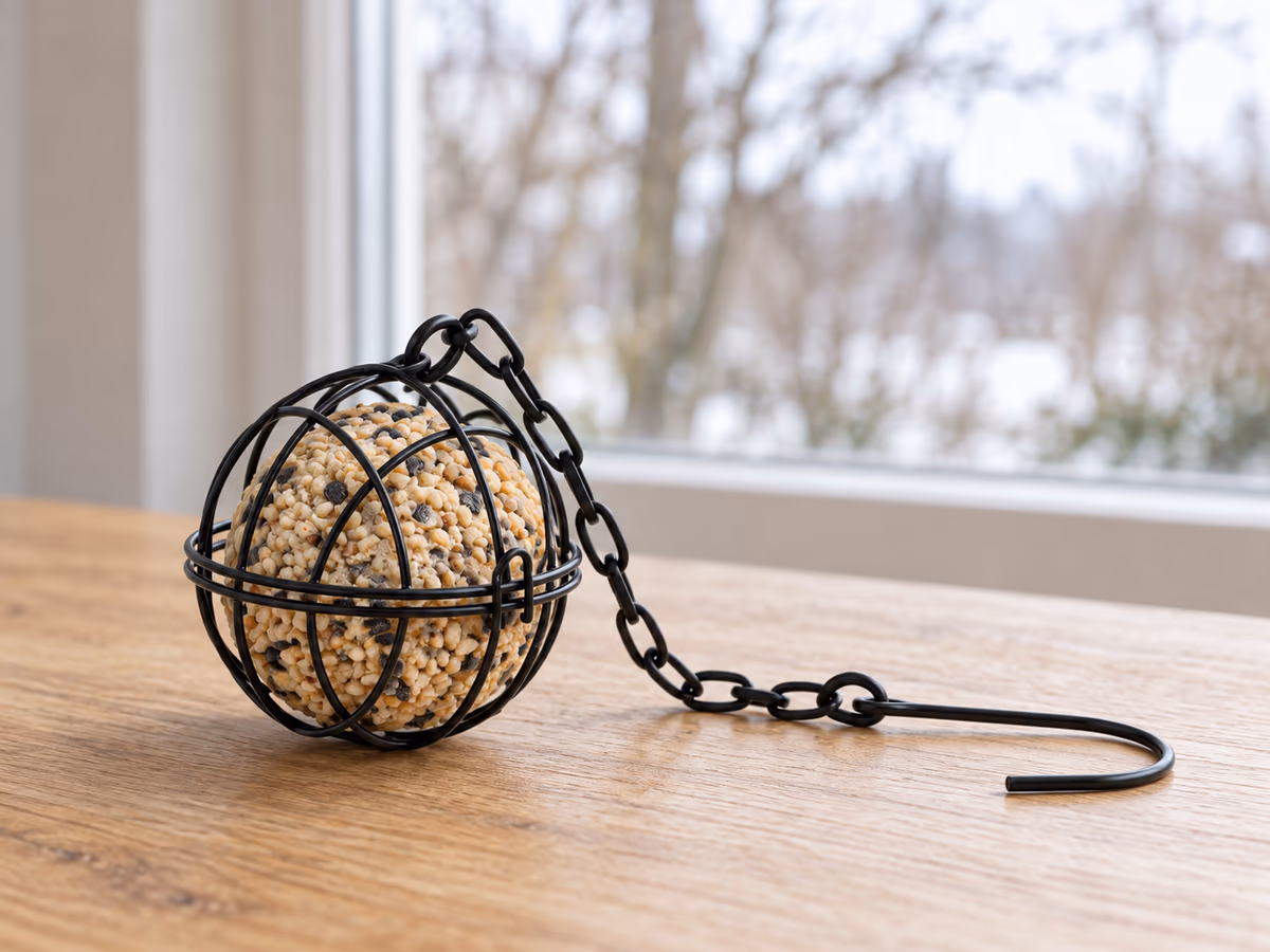 Sphère en fil métallique noir contenant une boule de graisse intacte, posée sur une table de bois clair devant une fenêtre lumineuse de fin d'hiver