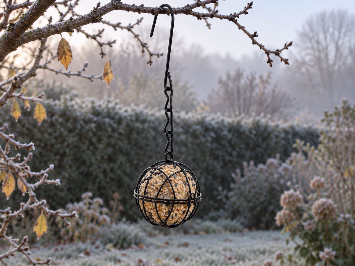 Sphère de fil noir garnie d'une boule de graisse suspendue devant une haie, givre sur l'herbe et buée froide au fond du jardin