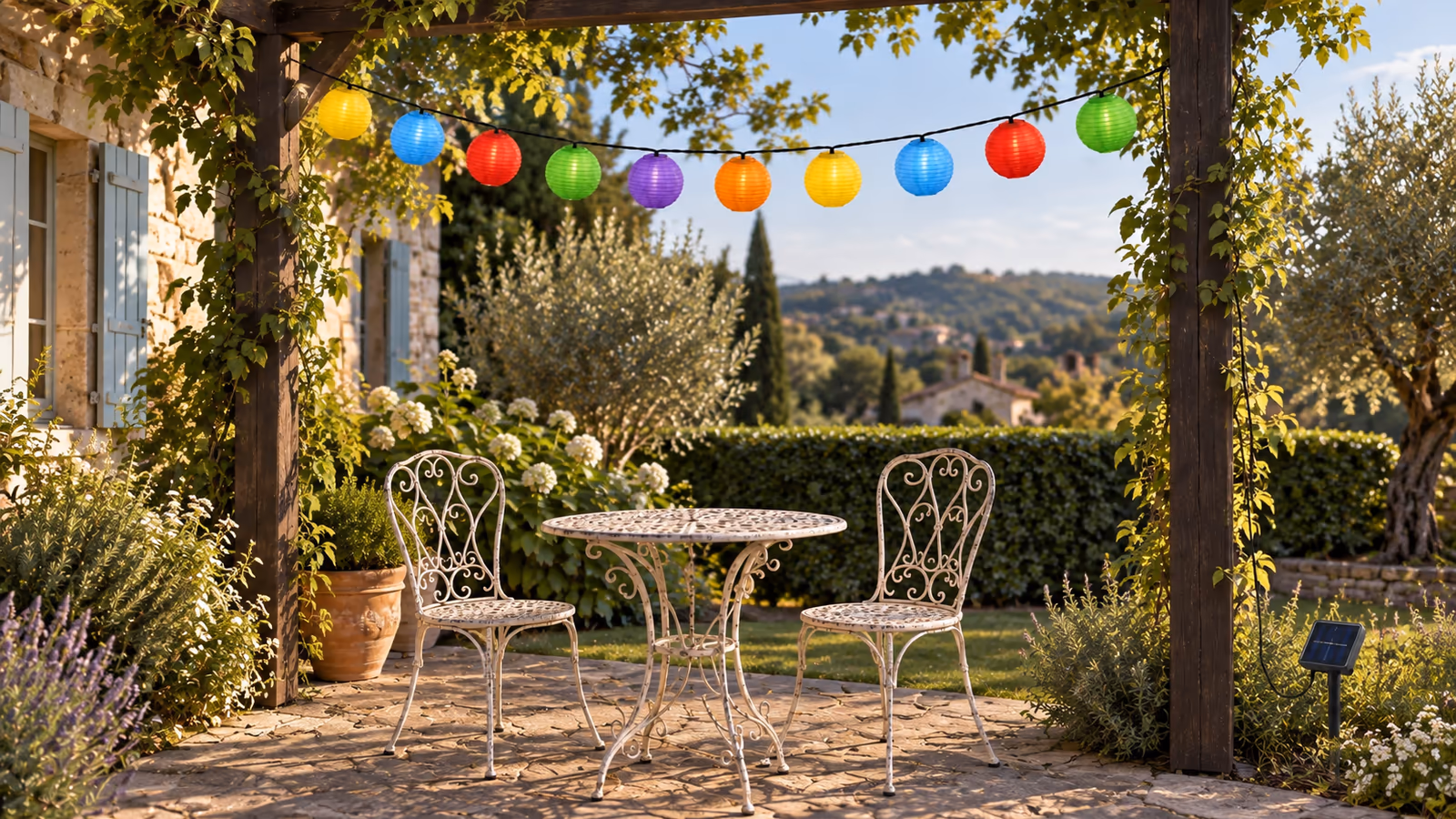 Guirlande à lanternes de tissu coloré installée au-dessus d'une table de jardin en fin d'après-midi