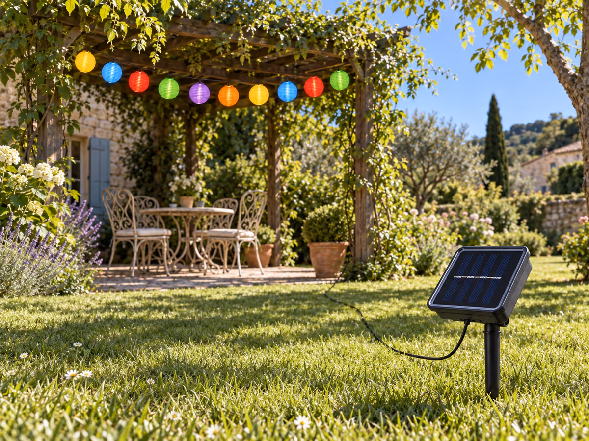 Panneau solaire planté dans une pelouse ensoleillée, câble noir partant vers une pergola