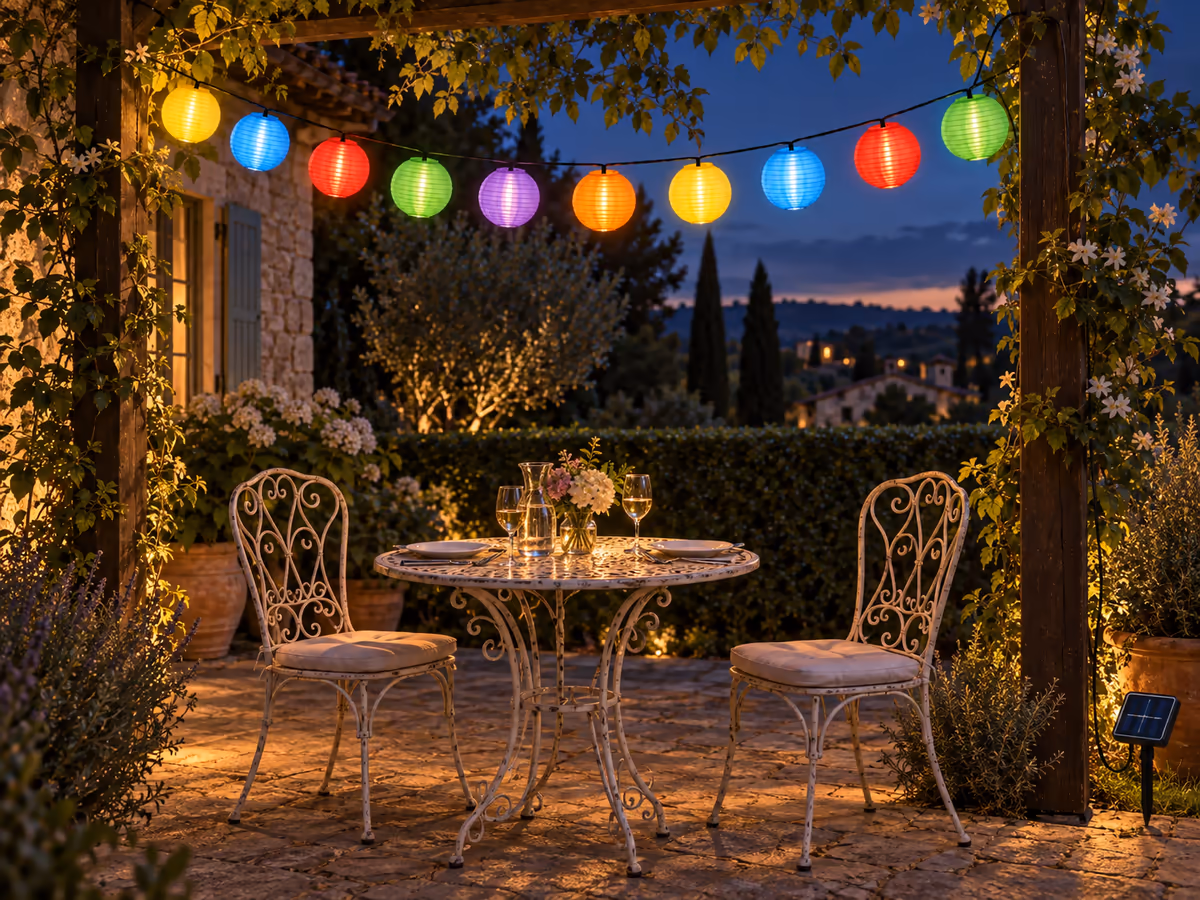 Table de jardin dressée sous une ligne de lanternes colorées, la nuit tombée