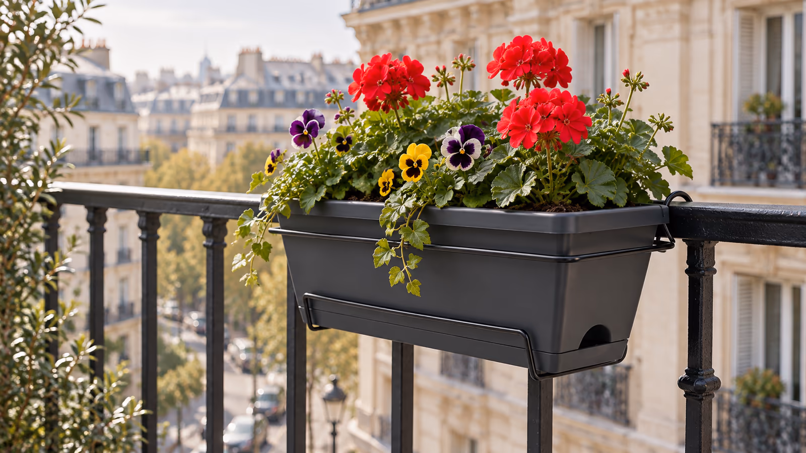 Jardinière gris foncé dans son support filaire sur la rambarde d'un balcon, pensée et géranium plantés, lumière du matin