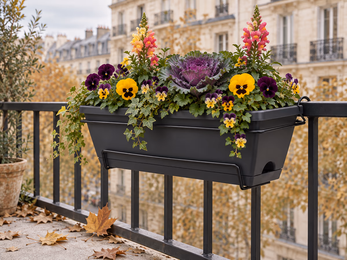 Pensées, violas et chou décoratif installés dans une jardinière de rambarde, feuilles mortes sur le balcon en octobre