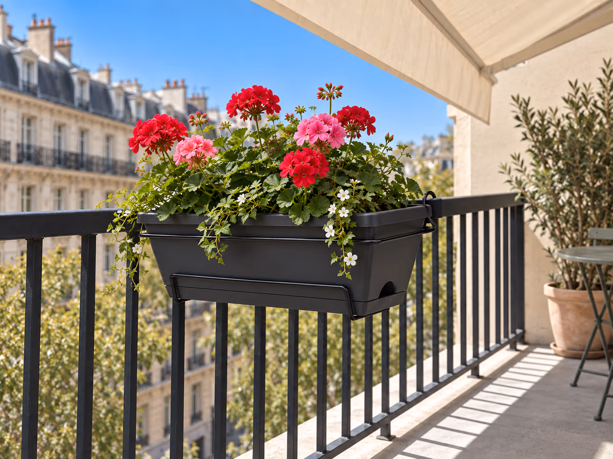 Jardinière de rambarde à l'ombre d'un store de balcon en plein été, ciel clair et dalle de béton claire