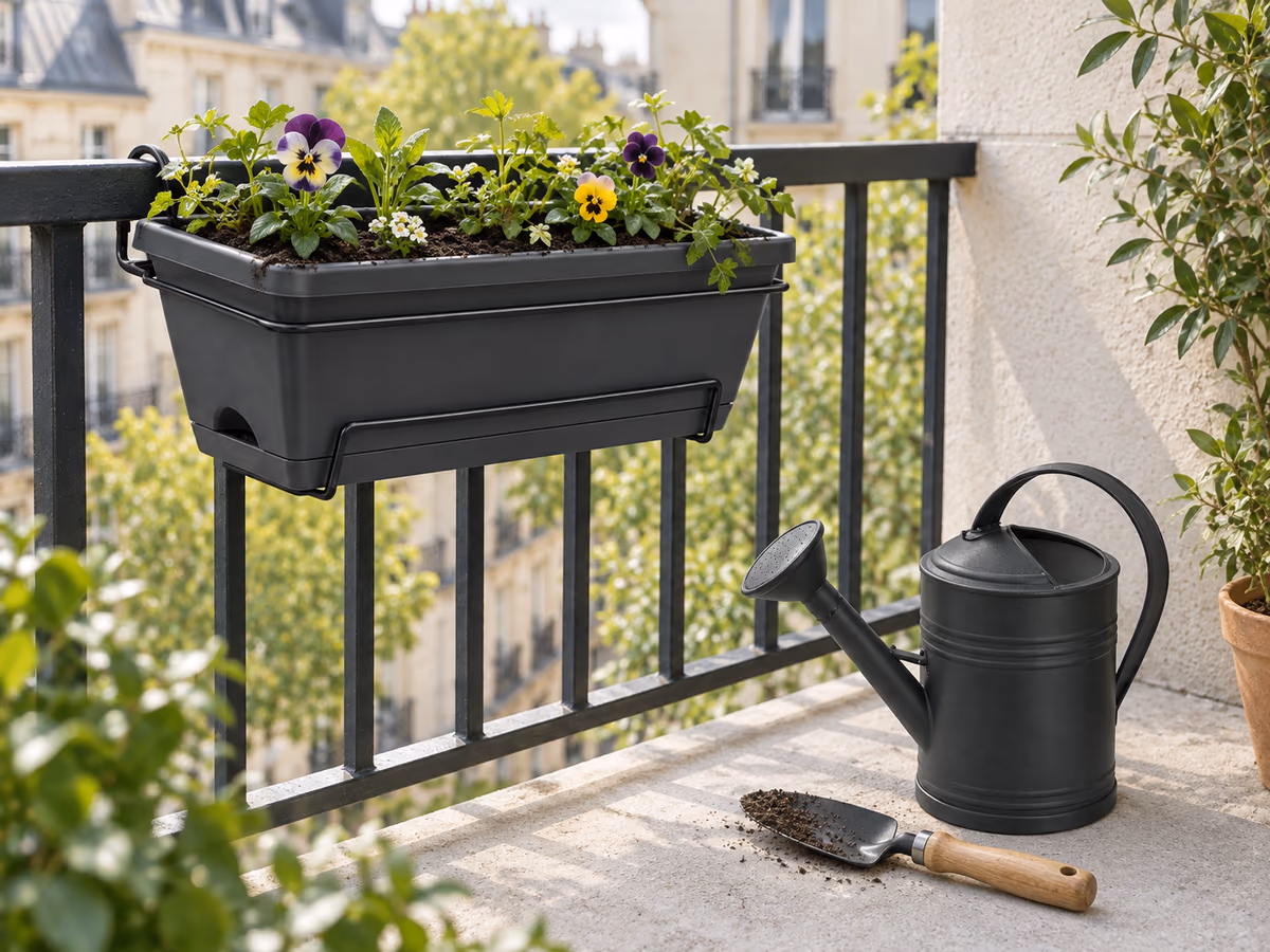 Jardinière de rambarde garnie d'annuelles fraîchement plantées, terreau humide et arrosoir posé sur le balcon au printemps