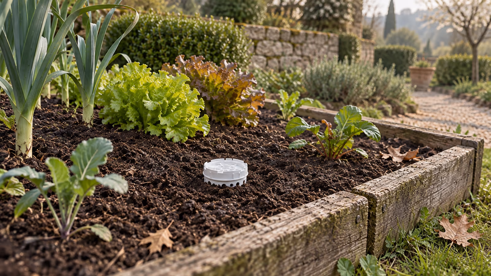 Lombricomposteur enterré au ras du sol dans un potager bio au début du printemps