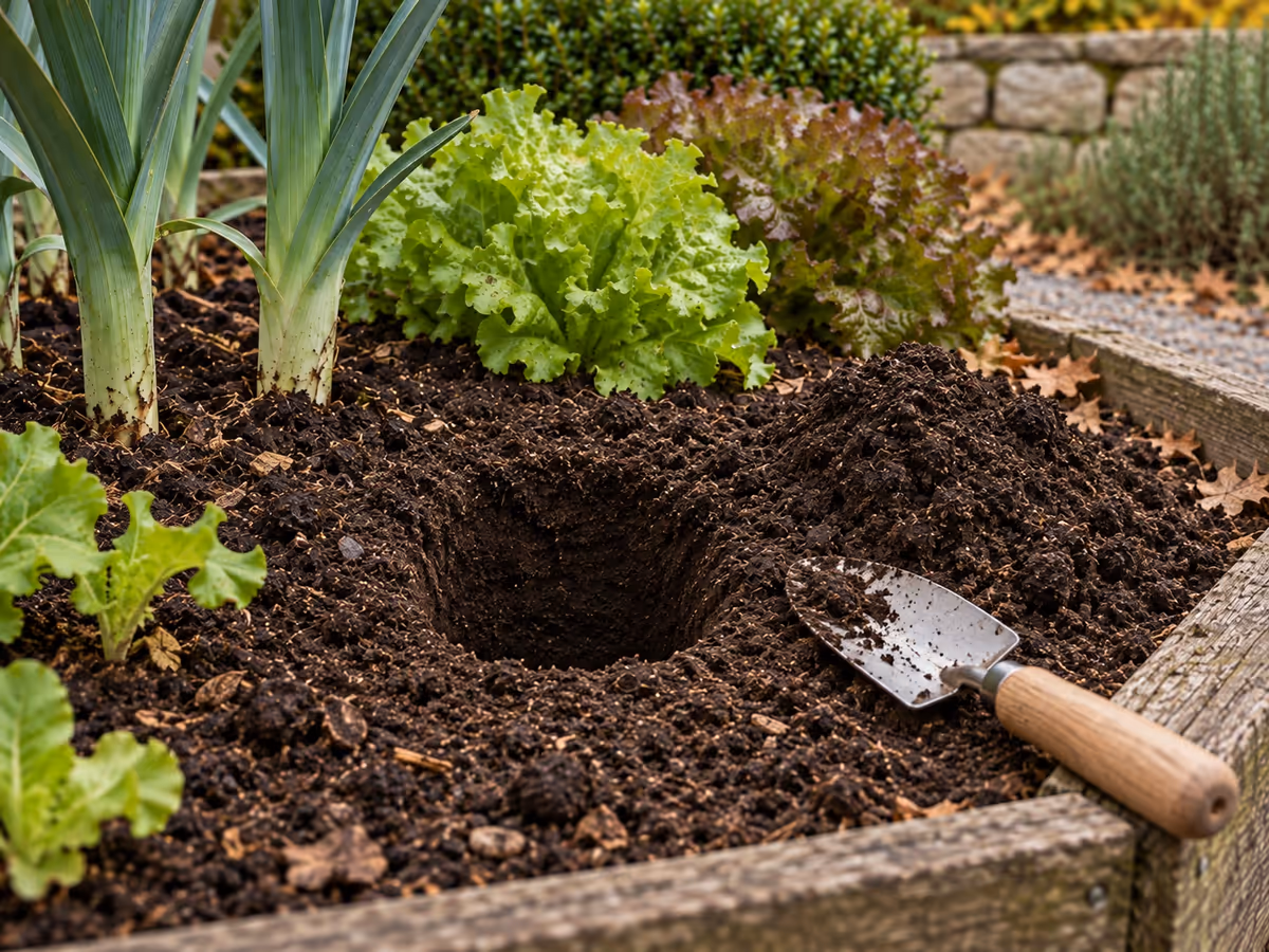 Trou cylindrique creusé à la main avec un transplantoir dans la terre ameublie d'un carré potager