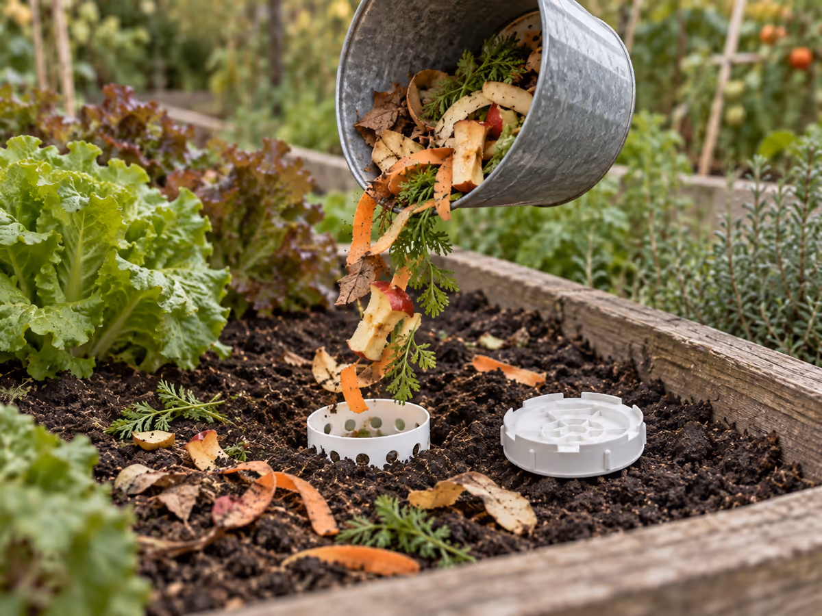 Versement de restes de légumes et de feuilles mortes par le haut dans le contenant enfoui