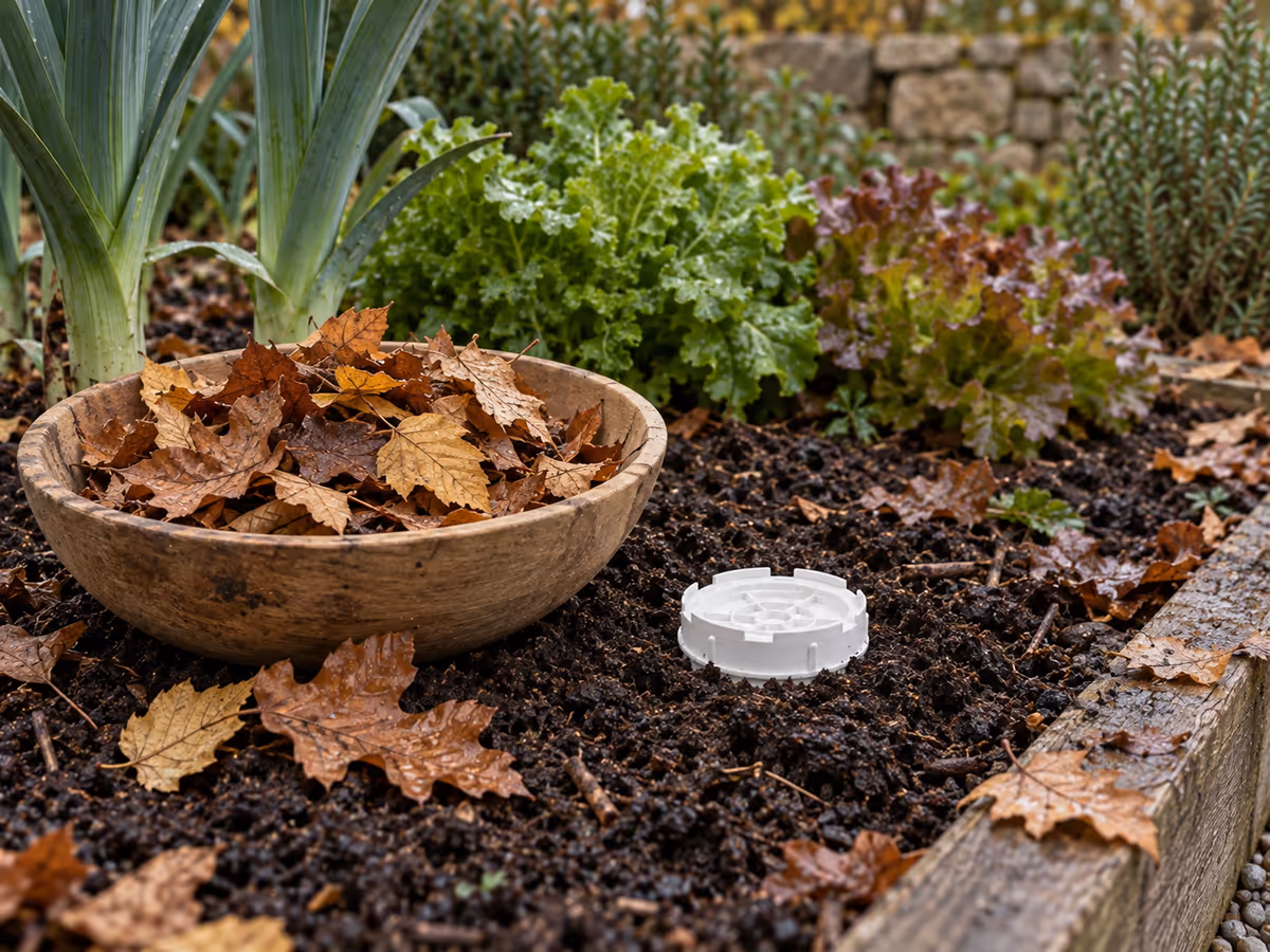 Poignée de feuilles mortes sèches prête à être ajoutée dans le contenant pour équilibrer l'humidité
