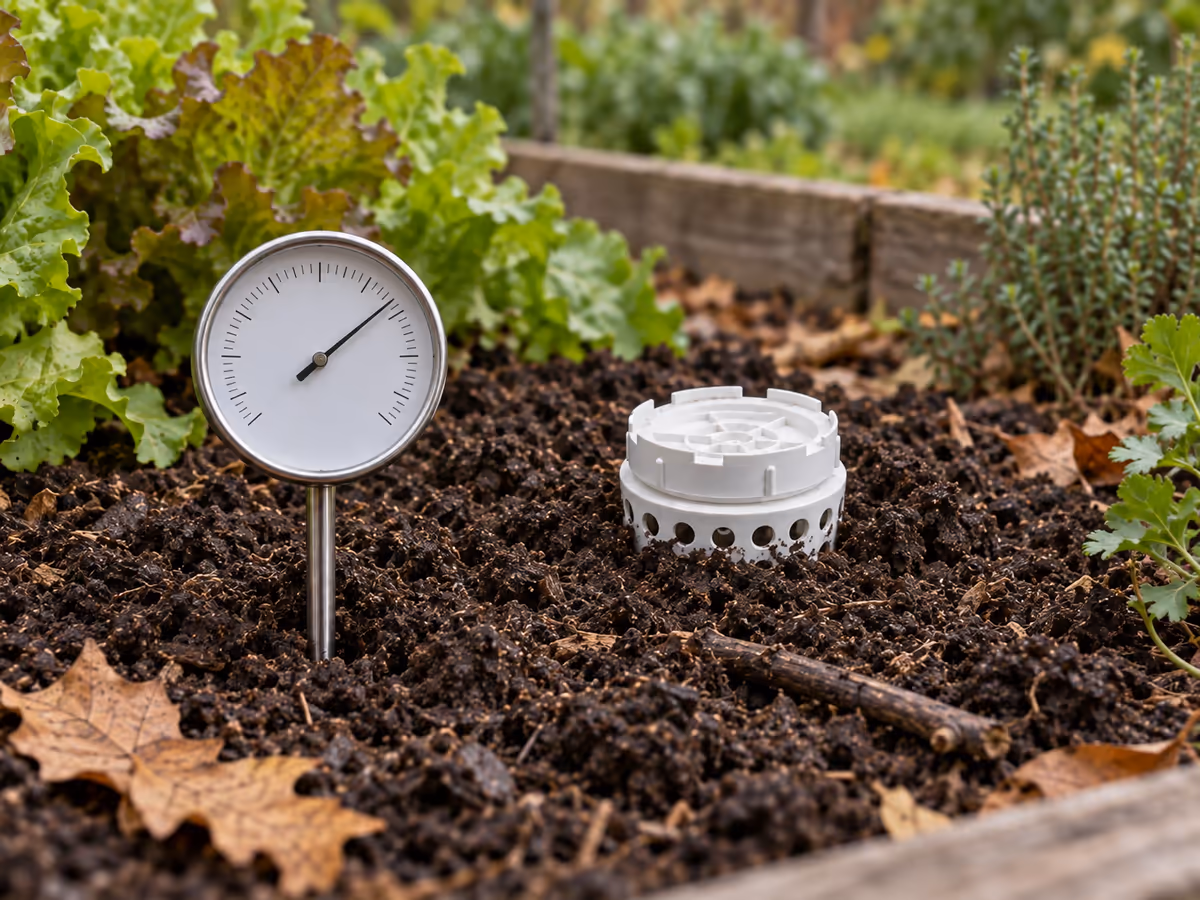 Thermomètre de sol planté dans la terre sombre d'un potager à côté d'un couvercle de lombricomposteur