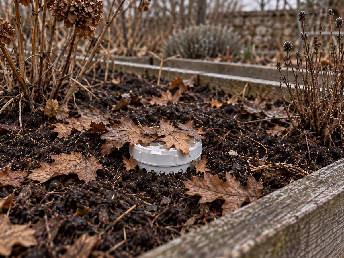 Couvercle de bac fermé et légèrement couvert de feuilles mortes