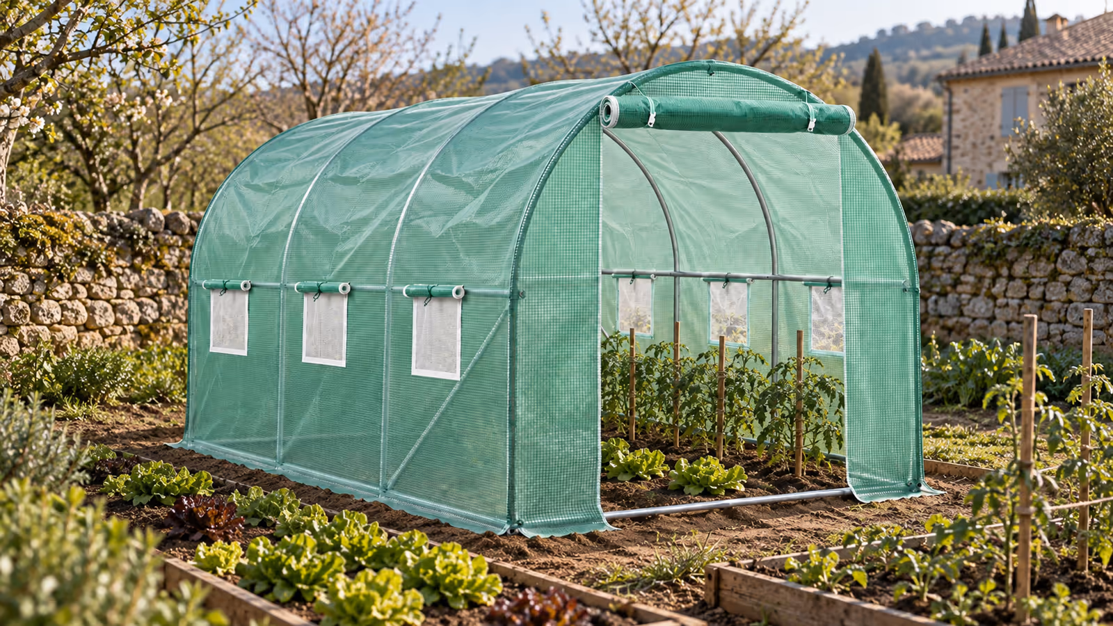 Une serre tunnel de marche aux fenêtres ouvertes, abritant des rangées de tomates et de salades au début du printemps