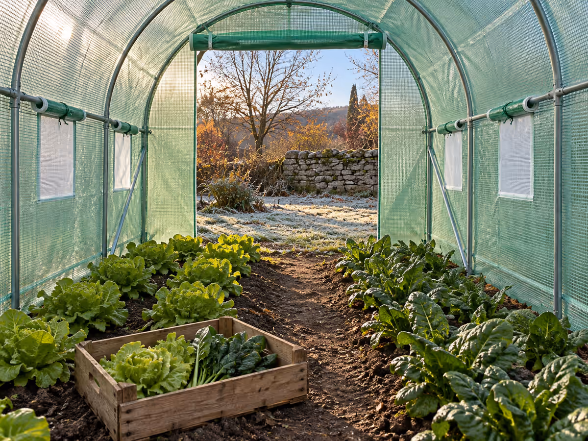 Récolte de salades d'hiver et d'épinards sous une serre tunnel, avec un léger givre visible à l'extérieur