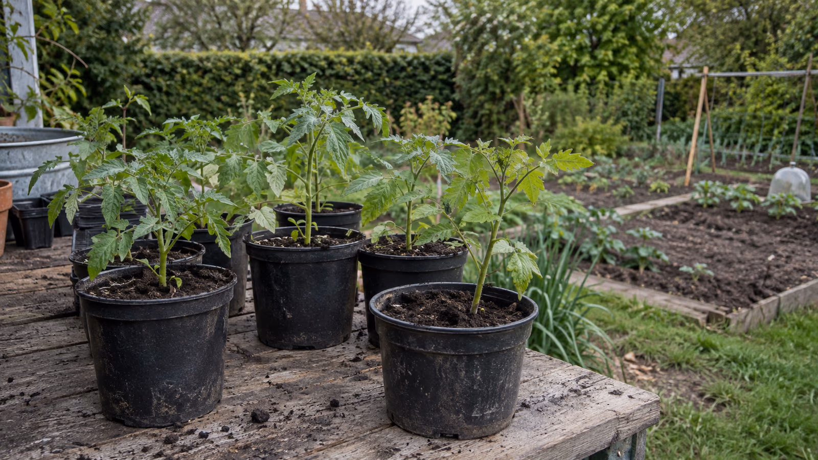 Jeunes plants de tomates en godets prêts à être repiqués au potager, fin avril en France