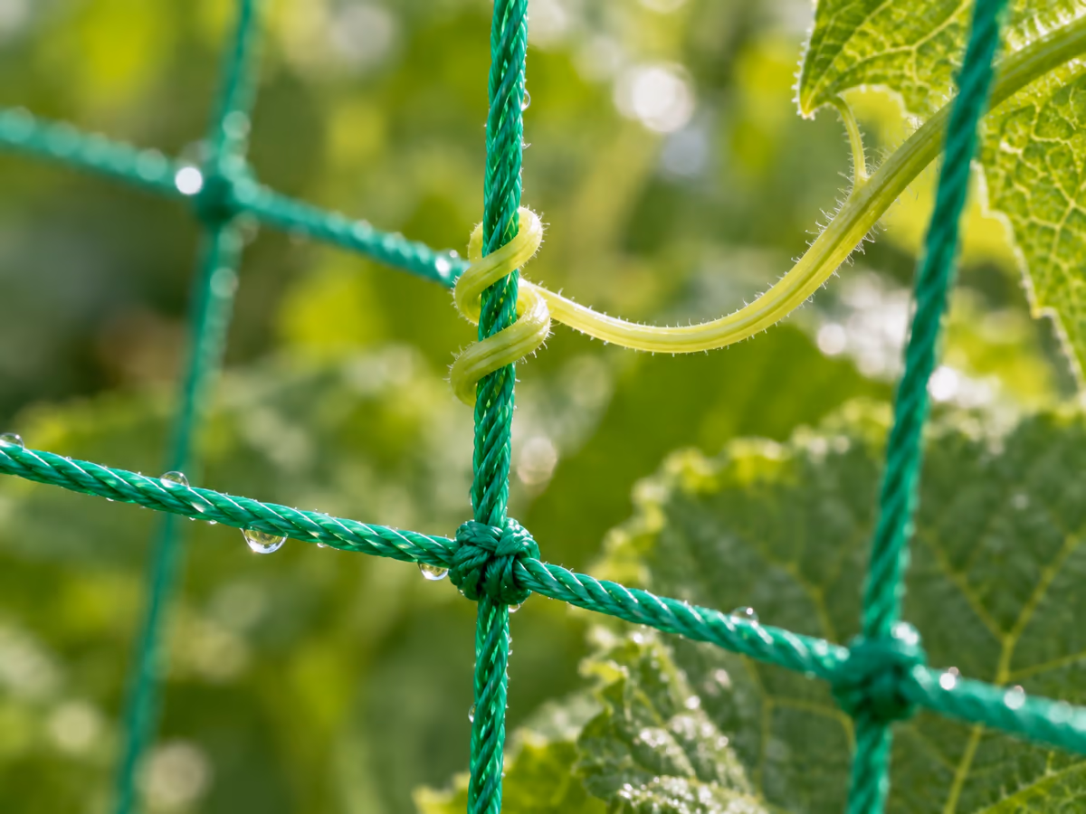 Jeune vrille de concombre enroulée autour d'un cordon de filet vert, gros plan sur la maille nouée en fin de matinée